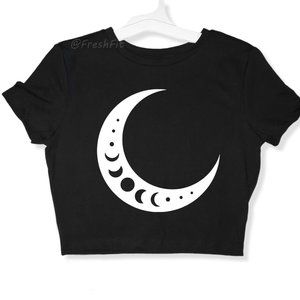 🆕Crescent Moon Phases Within Shirt Black Fitted Crop Top Tee